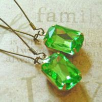 Fresh Peridot green Vintage glass Brass earrings