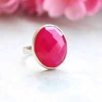 Fuschia Pink ring, Pink chalcedony ring, Sterling silver oval ring