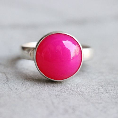 Fuschia Pink ring, Pink chalcedony round gemstone silver ring