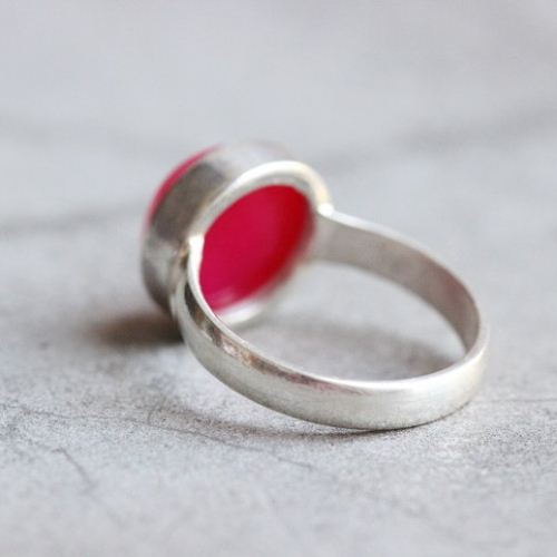 Fuschia Pink ring, Pink chalcedony round gemstone silver ring