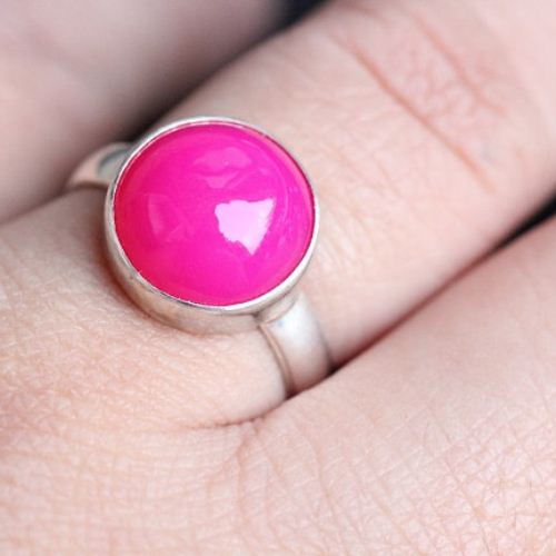 Fuschia Pink ring, Pink chalcedony round gemstone silver ring