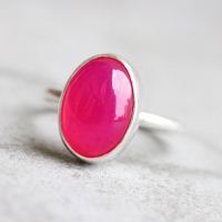Fuschia Pink ring, Pink chalcedony oval gemstone silver ring