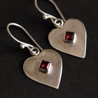 Garnet earrings, Heart earrings, Artisan silver hook earrings