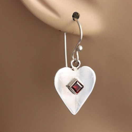 Garnet earrings, Heart earrings, Artisan silver hook earrings