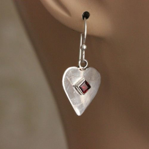 Garnet earrings, Heart earrings, Artisan silver hook earrings
