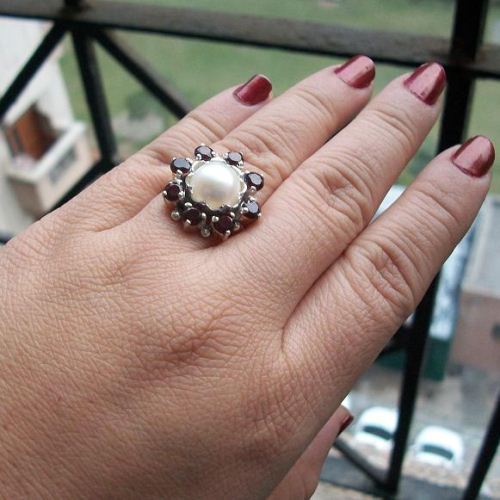 Garnet ring, Flower sterling silver ring, Artisan pearl ring