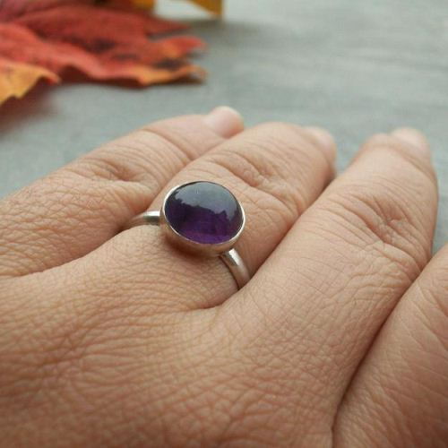 Genuine Amethyst Ring, Amethyst cabochon silver ring, February birthstone