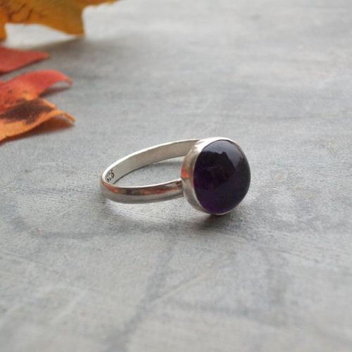 Genuine Amethyst Ring, Amethyst cabochon silver ring, February birthstone