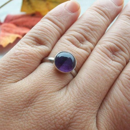 Genuine Amethyst Ring, Amethyst cabochon silver ring, February birthstone