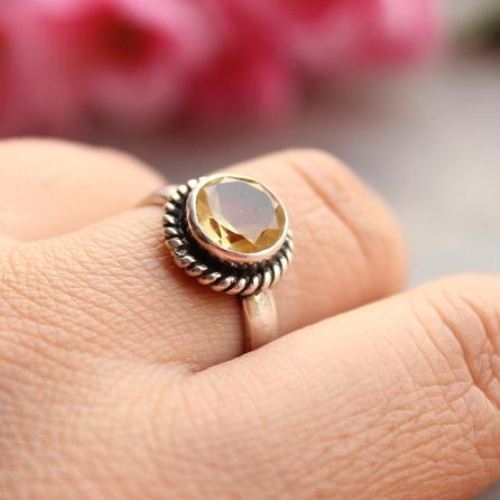 Genuine Citrine Ring, Round citrine sterling silver ring