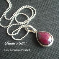 Genuine red ruby pendant chain, silver tear drop pendant necklace