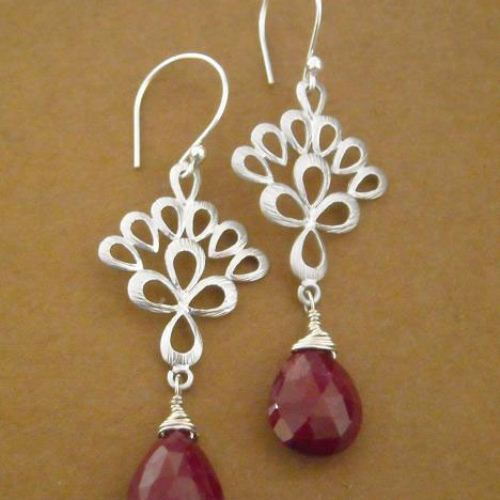 Genuine ruby earrings, Peacock feather earrings, gemstone sterling silver earrings