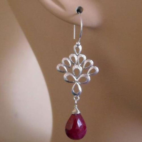 Genuine ruby earrings, Peacock feather earrings, gemstone sterling silver earrings