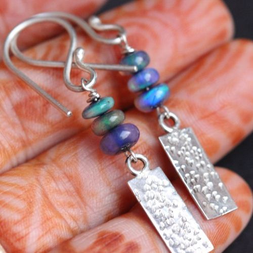 Geometric silver earrings - Genuine opal earrings