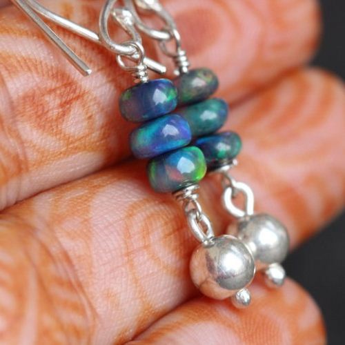 Natural opal bead earrings, Handmade silver earrings