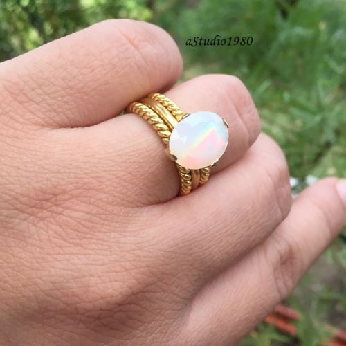 Gold Opal wedding ring for her 18k yellow gold stack rings