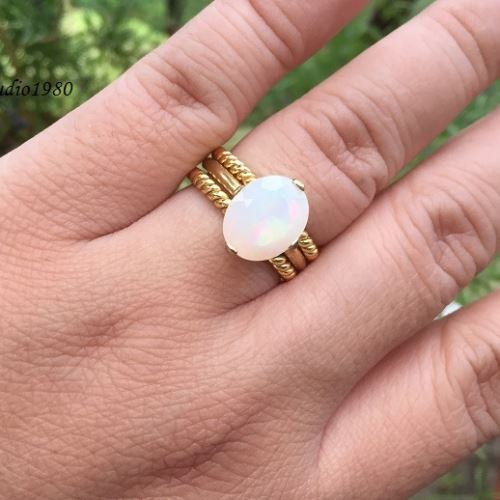 Gold Opal wedding ring for her 18k yellow gold stack rings