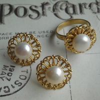 Gold Vintage filigree pearl earring ring set
