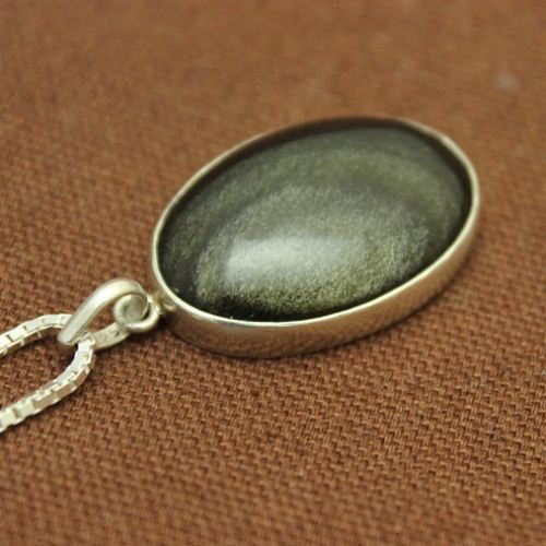 Golden Sheen Obsidian pendant, Black oval silver pendant necklace