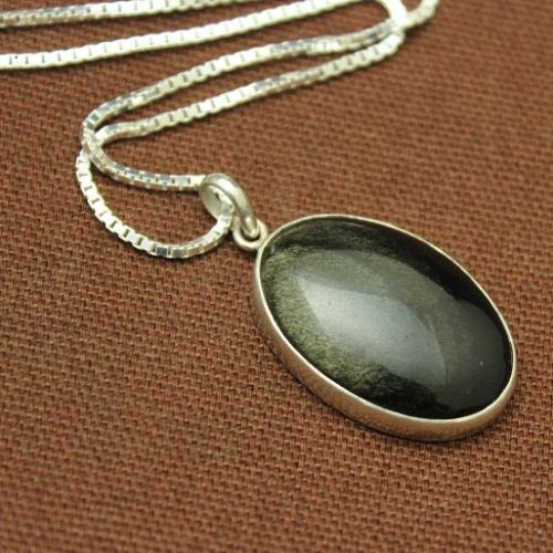 Golden Sheen Obsidian pendant, Black oval silver pendant necklace