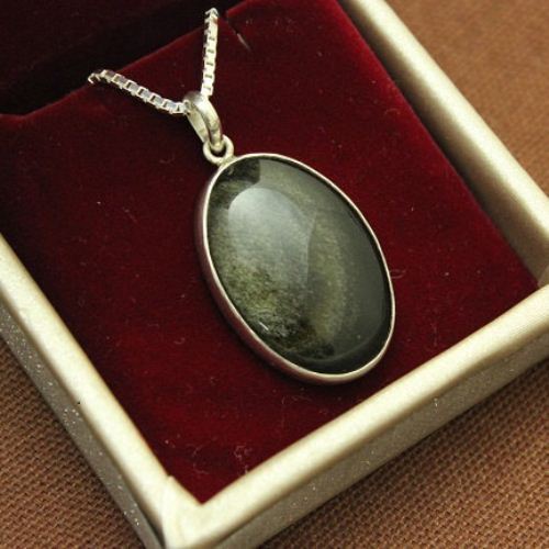 Golden Sheen Obsidian pendant, Black oval silver pendant necklace
