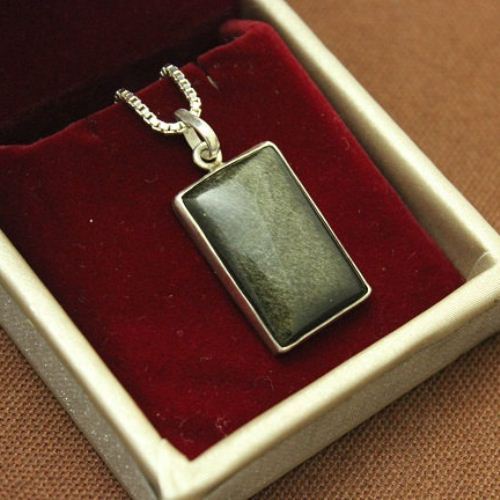 Golden Sheen Obsidian pendant, Artisan pendant in silver