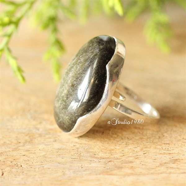 Golden Sheen Obsidian ring - adjustable ring - silver ring 