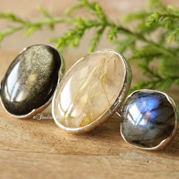 Golden Sheen Obsidian ring - adjustable ring - silver ring 