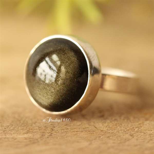 Golden Sheen round Obsidian sterling silver ring