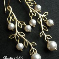Golden branch earrings, swarovski pearl earrings, bridal earrings, bridal white pearl handmade earrings