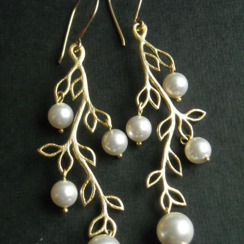 Golden branch earrings, swarovski pearl earrings, bridal earrings - bridal white pearl handmade earrings
