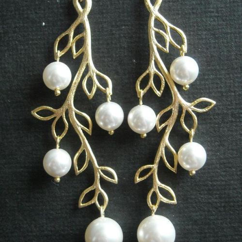 Golden branch earrings, swarovski pearl earrings, bridal earrings - bridal white pearl handmade earrings