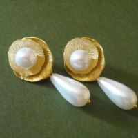 Golden flower lotus white pearl bridal post earrings