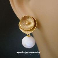 Golden flower white carved coral post earrings