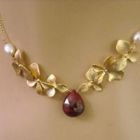 Golden orchid flower ruby necklace, bridal necklace, july birthstone