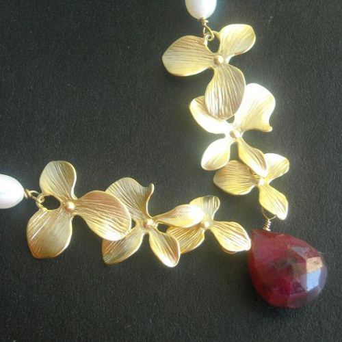 Golden orchid flower ruby necklace - bridal necklace - july birthstone
