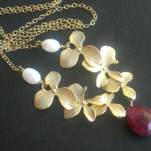 Buy Golden orchid flower ruby necklace - bridal necklace - july ...