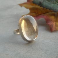 Golden rutile white quartz ring - oval bezel set gemstone ring