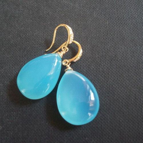 Green Chalcedony earrings, Tear drop silver wire wrapped earrings