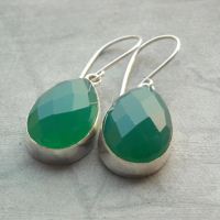 Green chalcedony earrings, Faceted stone drop silver earrings