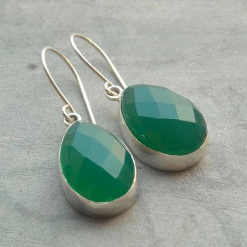 Green chalcedony earrings, Faceted stone drop silver earrings