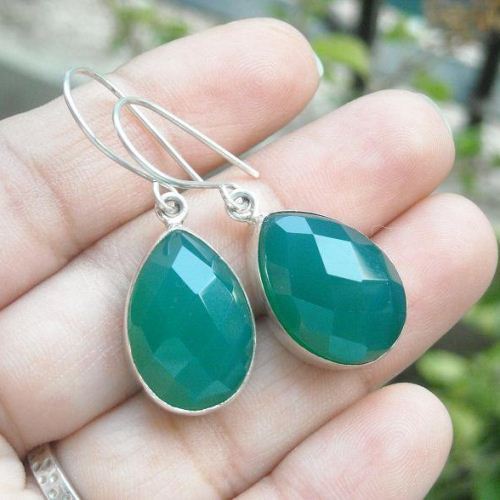 Green chalcedony earrings, Faceted stone drop silver earrings