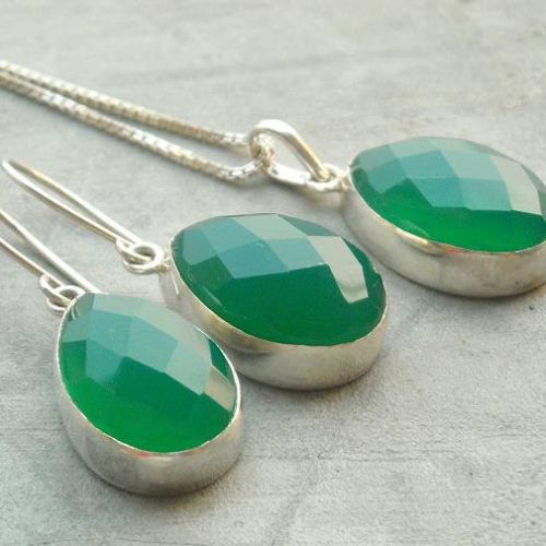 Green chalcedony earrings, Faceted stone drop silver earrings