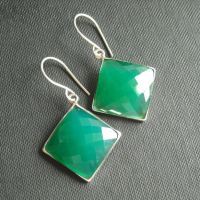 Green chalcedony earrings jewelry, Square silver handmade earrings