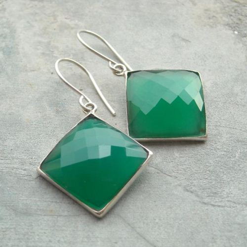Green chalcedony earrings jewelry, Square silver handmade earrings
