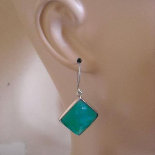 Green chalcedony earrings jewelry, Square silver handmade earrings
