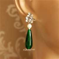 Green gemstone drop flower earrings