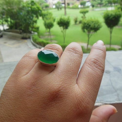 Green onyx ring, Emerald green silver ring, Faceted oval ring