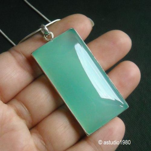 Green pendant, Rectangular pendant necklace, Chalcedony silver pendant