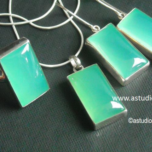 Green pendant, Rectangular pendant necklace, Chalcedony silver pendant
